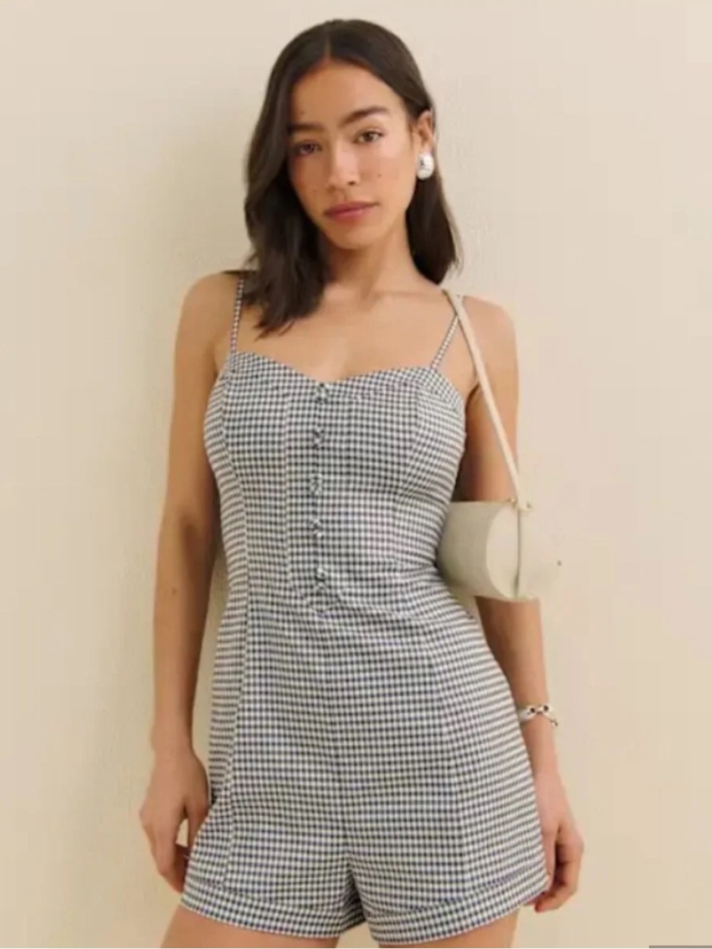 Reformation Blanca Gingham Romper Black & White Size 6 NWT